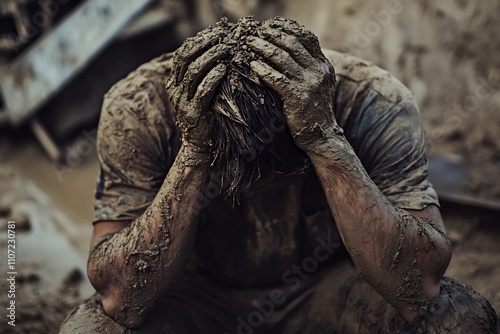 Exhausted Construction Worker Covered in Dirt After a Demanding Day on Site