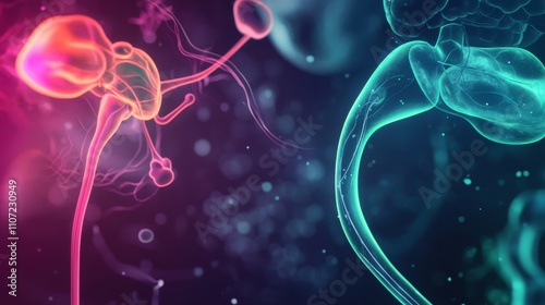 An abstract illustration of the human endocrine system with flowing hormone pathways and highlighted glands, set against a dark, gradient background