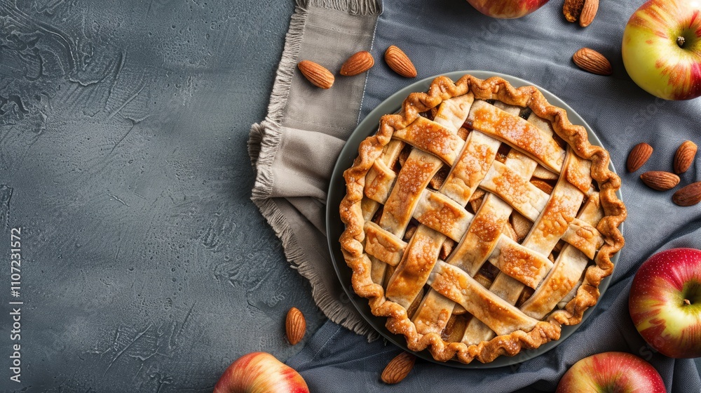 Apple and almond pie on plate against grey tablecloth, top view with text space. Apple and almond pie on plate against grey tablecloth, top view with text space.