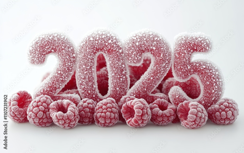 2025 Made of Frozen Raspberries Numbers formed with frost-covered raspberries in deep red tones. Cool and refreshing, white background. 2025 Made of Frozen Raspberries Numbers formed with frost-covered raspberries in deep red tones. Cool and refreshing, white background.