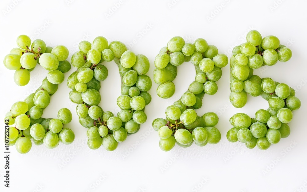 2025 Made of Green Grapes Numbers styled with clusters of fresh green grapes, neatly placed. Refreshing and natural, white background. 2025 Made of Green Grapes Numbers styled with clusters of fresh green grapes, neatly placed. Refreshing and natural, white background.