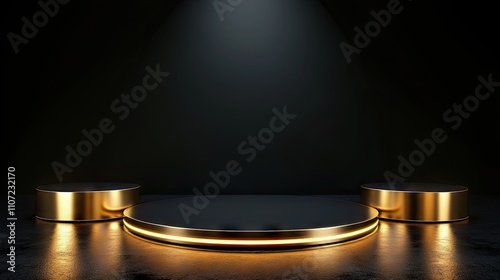 Elegant black and gold podiums in a dark studio, perfect for showcasing awards or products.