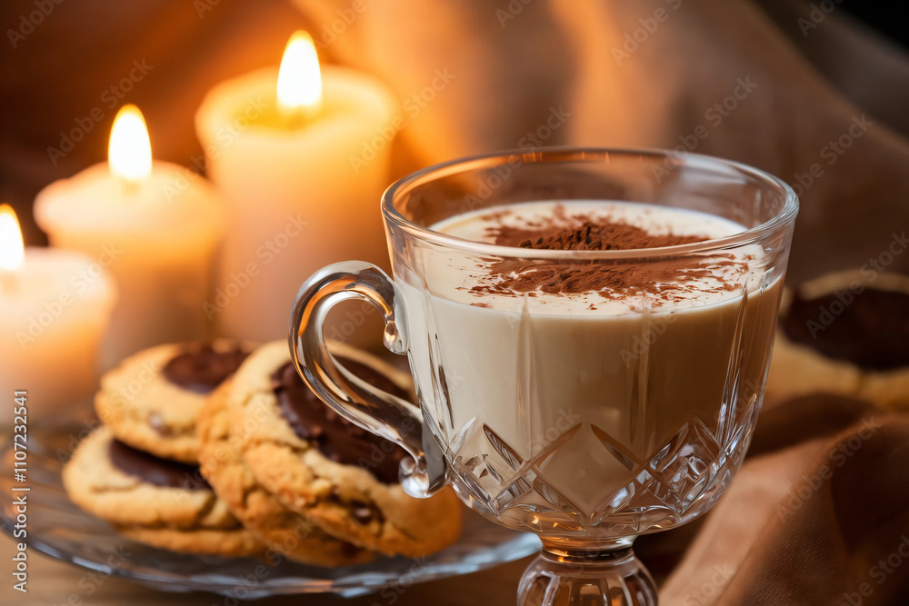 A glass of creamy Eierlikoer sits next to a plate of freshly baked cookies against a backdrop of candles, a dusting of cocoa powder adds rich texture on top of the Eierlikoer