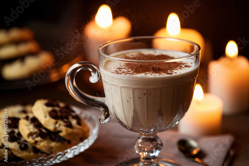 A glass of creamy Eierlikoer sits next to a plate of freshly baked cookies against a backdrop of candles photo