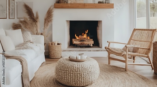 Wallpaper Mural Modern hygge living room, fireplace as a focal point, rattan chair, woven pouf, white sofa, and soft Scandinavian aesthetics Torontodigital.ca