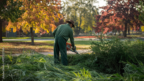 Back view of a worker using a string trimmer to maintain a lush green park, surrounded by autumn foliage and bathed in vibrant sunlight, creating a peaceful and productive outdoor setting.