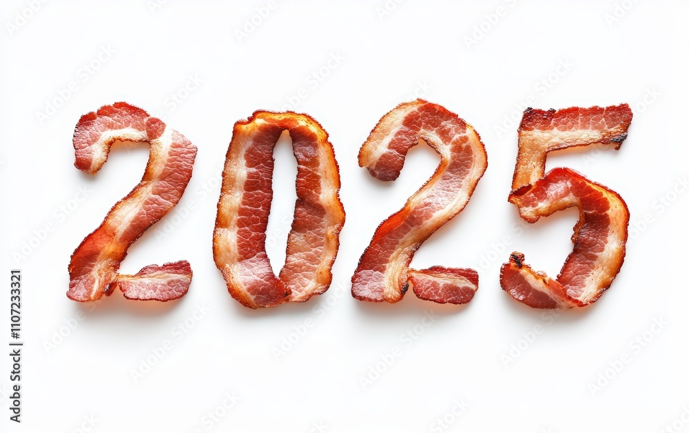 2025 Made of Cooked Bacon Strips Numbers styled with perfectly crisp bacon strips, neatly arranged. Bold and savory, white background. 2025 Made of Cooked Bacon Strips Numbers styled with perfectly crisp bacon strips, neatly arranged. Bold and savory, white background.