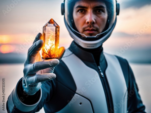 A person in a futuristic suit holding a glowing device, symbolizing advanced technology