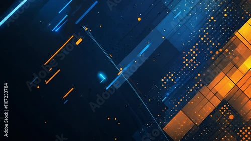 Abstract geometric pattern with blue and orange squares and a dark blue background