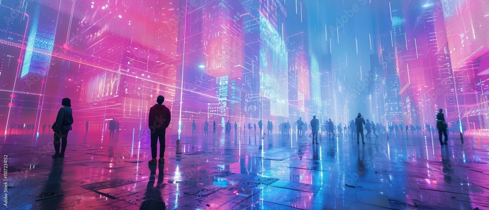 Obraz premium A vibrant, futuristic cityscape illuminated with neon lights, showcasing silhouettes of people amidst colorful reflections and a digital atmosphere.