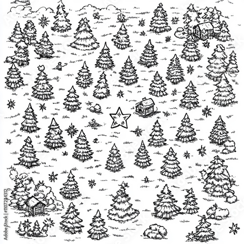 New Year's labyrinth with riddles: a puzzle page to color in, in which Santa must find his way through the forest to the village, along the way there are clues and signs, small holiday elements