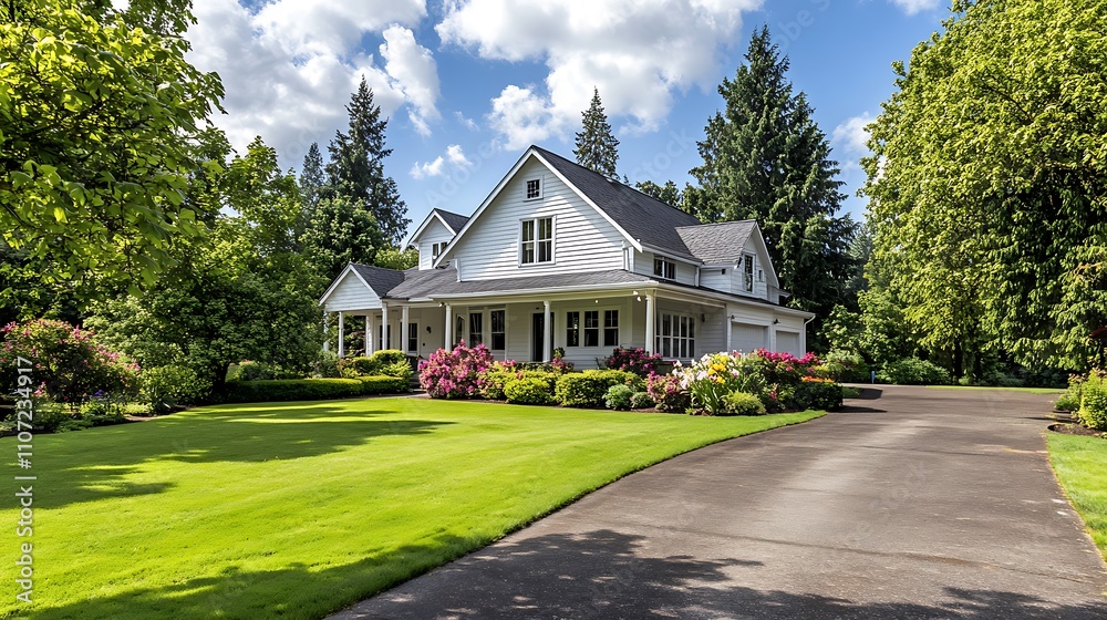 White farmhouse-style home with a paved driveway and a well-kept front lawn White farmhouse-style home with a paved driveway and a well-kept front lawn