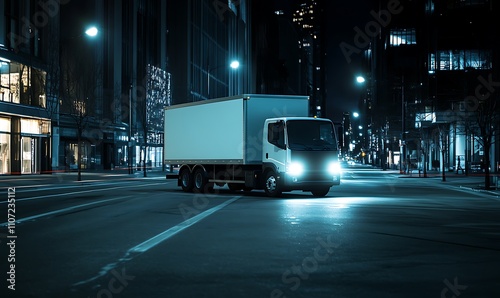 White Delivery Truck Drives City Street Night photo