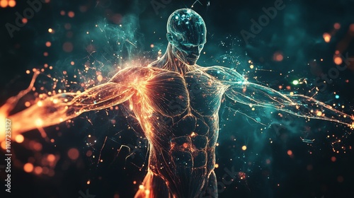 An abstract illustration of the human muscular system with glowing muscle fibers and animated contractions, set against a dark, dynamic background