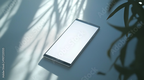 Smartphone with a blank white screen, laid flat on a white table with soft sunlight illuminating the device