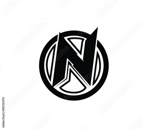 N inital logo black concept. n plus cirlce style, black flat. photo