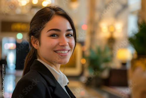 Generative AI Image of Smiling Female Receptionist at Hotel Lobby Desk photo