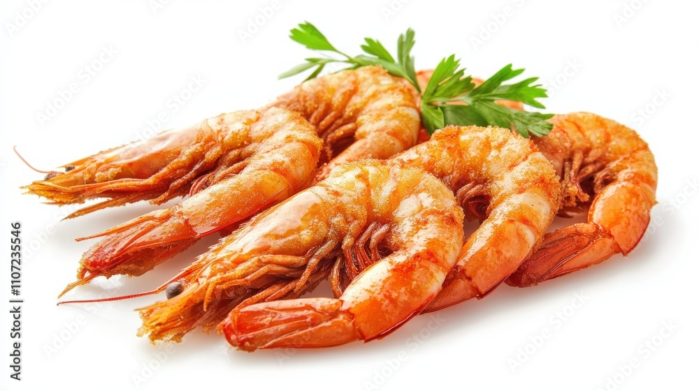 Fried Jumbo Shrimp with Tails on White Background. Delicious Gargantuan Seafood Fried Jumbo Shrimp with Tails on White Background. Delicious Gargantuan Seafood
