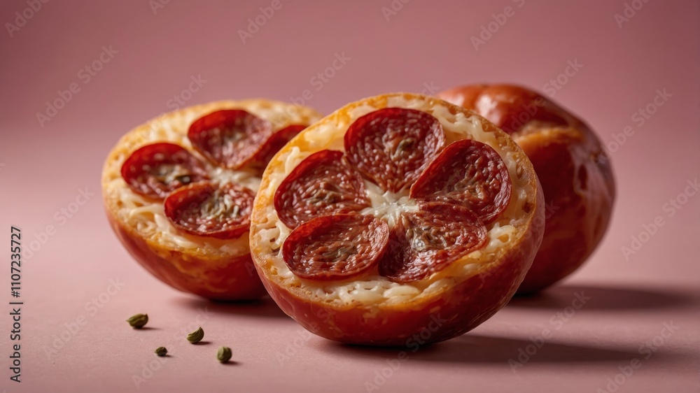 Fresh and dried pepperoni on pink background Fresh and dried pepperoni on pink background