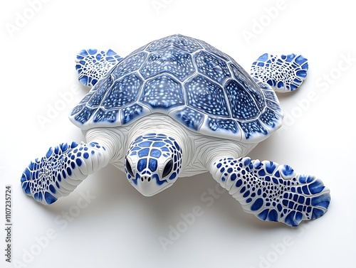 Blue and white ceramic turtle with intricate shell pattern on white background. photo