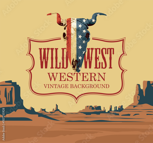 Vector banner with logo of Western saloon and skull of bull with USA flag on background of scenic landscape with desert American prairies. Decorative illustration on theme of the Wild West