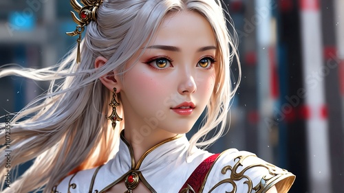 Portrait of Asian young woman with white dress and blonde siver white gold hair color with game makeup for photo shooting photo