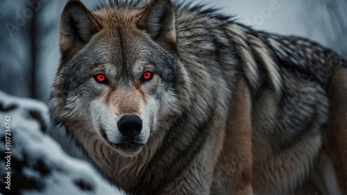 Alpha wolf with striking red eyes