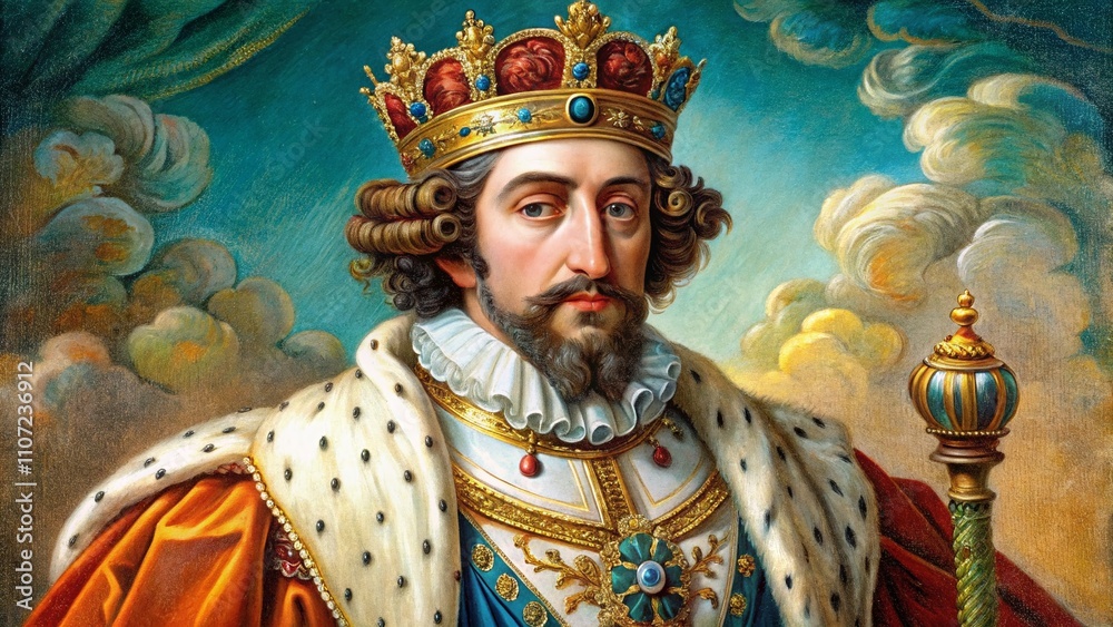 Obraz premium Vintage Illustration of a French King in Regal Attire, Captured in Rule of Thirds on a Transparent Background for Historical and Artistic Use