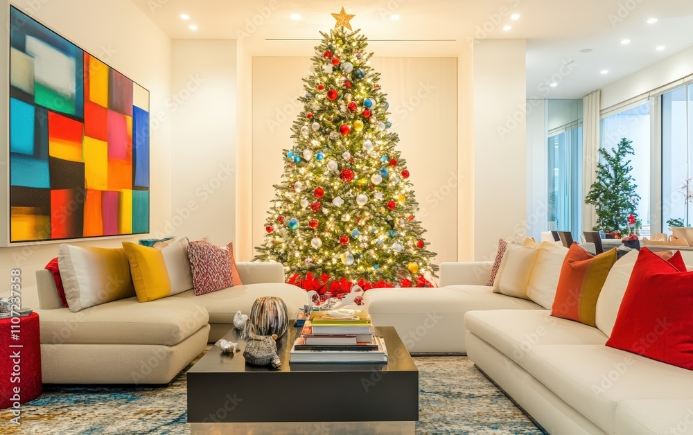 Obraz premium A bright and vibrant family room with modern furnishings and a tall Christmas tree The tree is covered with glittering lights and festive ornaments, complementing the colorful decor of the space