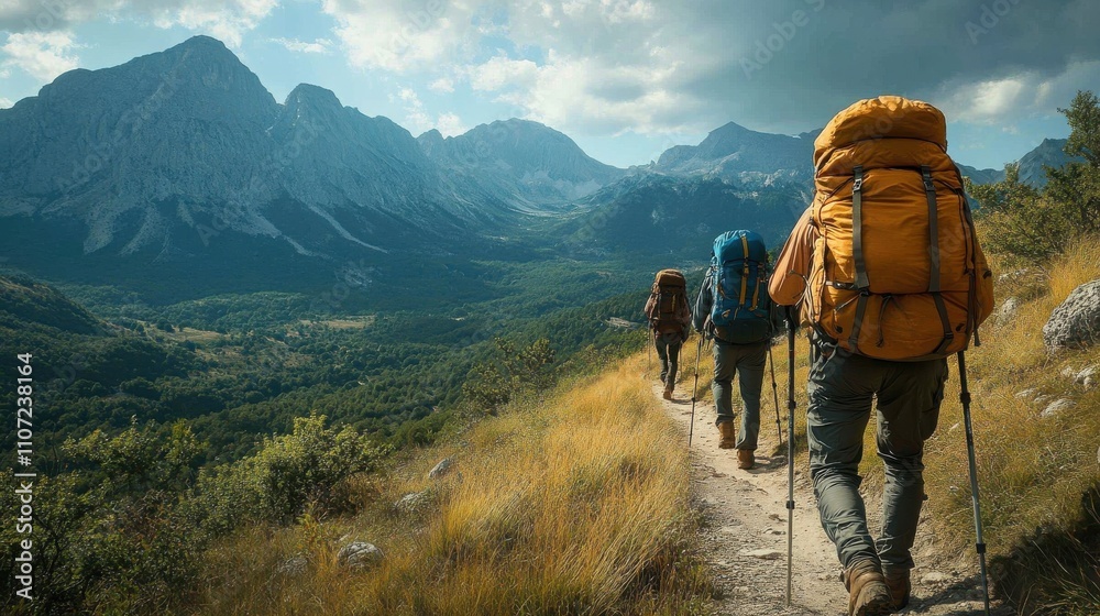 Three hikers traverse a winding trail through stunning mountains, each carrying a backpack. The lush valley below and dramatic clouds above create a picturesque backdrop for their adventurous journey. Three hikers traverse a winding trail through stunning mountains, each carrying a backpack. The lush valley below and dramatic clouds above create a picturesque backdrop for their adventurous journey.