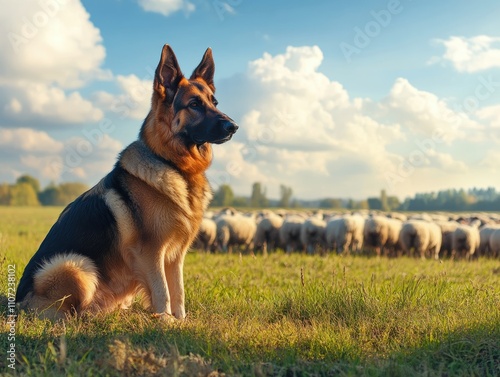  Dog sitting and guarding a flock of sheep.