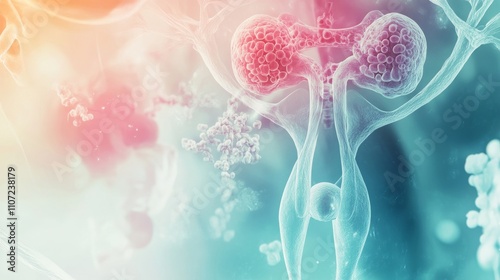 An abstract illustration of the human reproductive system with flowing, colorful depictions of reproductive organs and processes, set against a soft