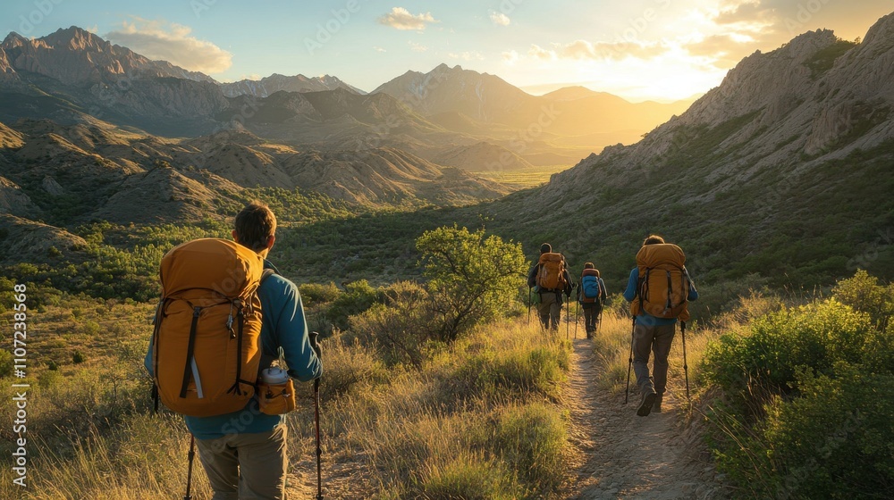 A group four of hikers traverses a winding trail in the mountains during sunset. A group four of hikers traverses a winding trail in the mountains during sunset.