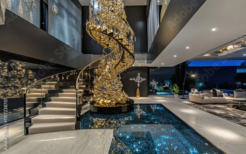 A luxurious modern home with a floating spiral staircase The Christmas tree hangs upside down from the ceiling, adorned with gold and crystal ornaments for a unique and dramatic statement