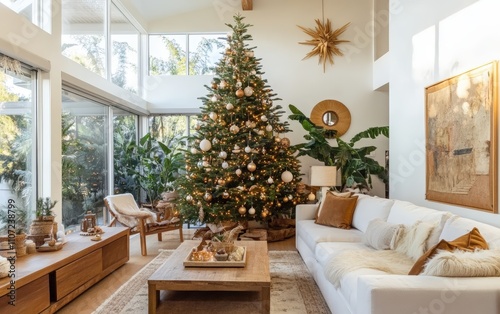 A bright living room with light wooden accents and a tall Christmas tree The tree features natural and earthy ornaments, blending beautifully with the modern design