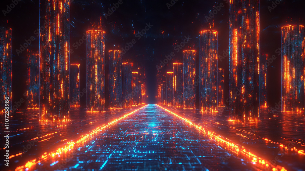 Obraz premium futuristic digital landscape with glowing neon lights and towering structures creates mesmerizing cyber environment. vibrant colors and intricate patterns evoke sense of technological advancement