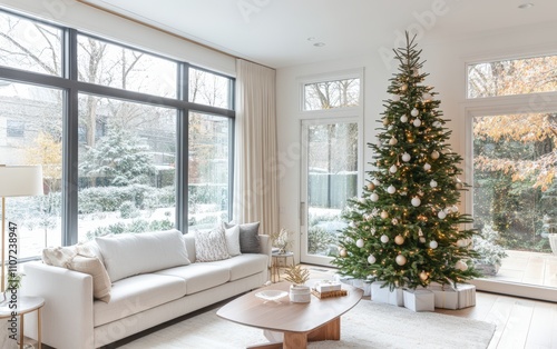 A bright, spacious living room with large windows and minimalist decor A tall Christmas tree with simple white and gold decorations stands next to a sleek modern sofa 