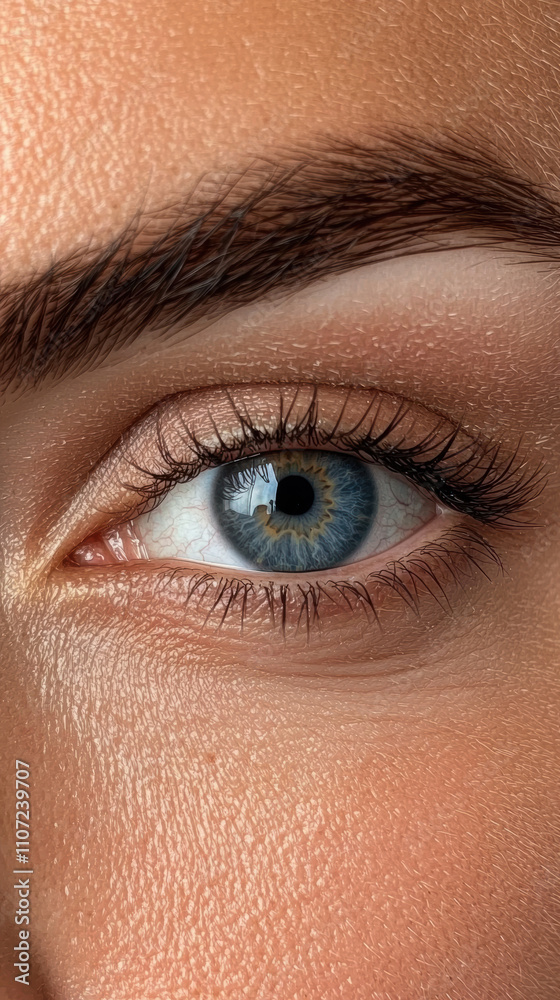 Surgery eyelid rejuvenation concept. A close-up of a human eye, showcasing detailed textures, vibrant blue iris, and well-defined eyelashes, emphasizing beauty and individuality. Surgery eyelid rejuvenation concept. A close-up of a human eye, showcasing detailed textures, vibrant blue iris, and well-defined eyelashes, emphasizing beauty and individuality.