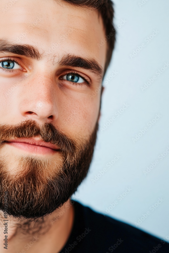 Obraz premium A close-up of a young man with piercing blue eyes and a neatly groomed beard, wearing a dark shirt, captured against a soft blue flat background