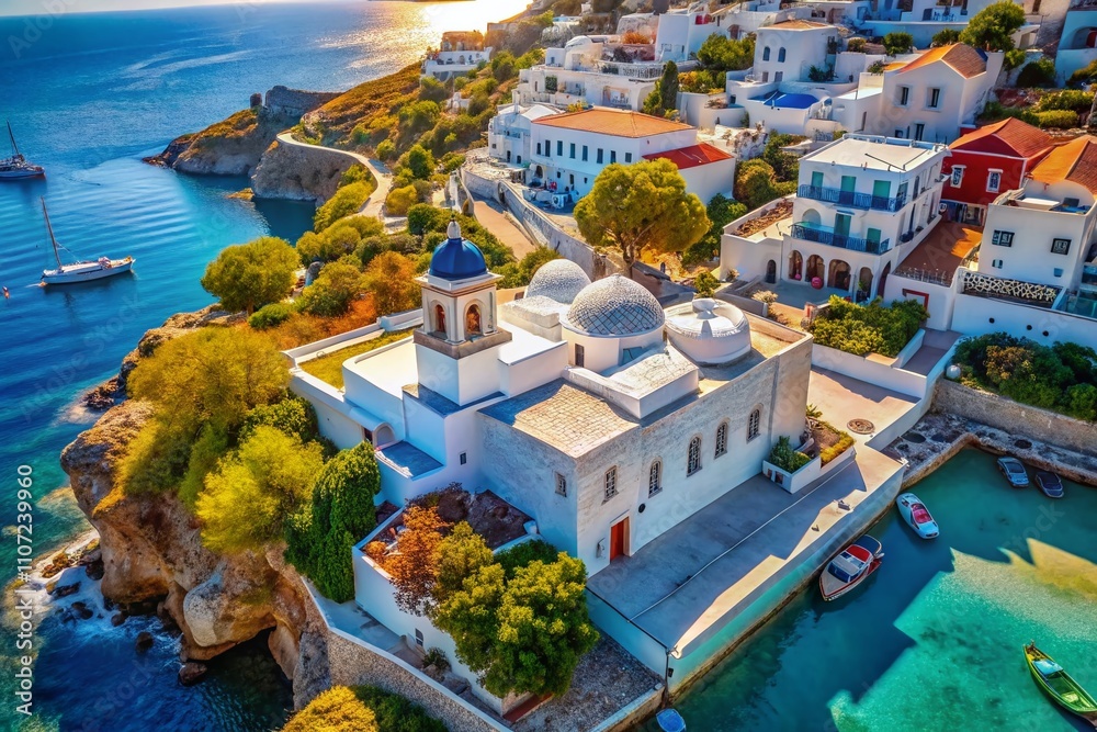 Naklejka premium Vintage Style Aerial View of a Stunning White Building in a Greek City Captured by Drone, Showcasing the Beautiful Architecture and Scenic Coastal Landscape