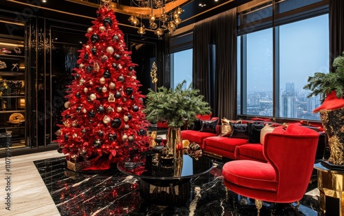 A luxurious penthouse with bold red and black decor The Christmas tree is entirely red, with black and gold ornaments, creating a striking and glamorous look