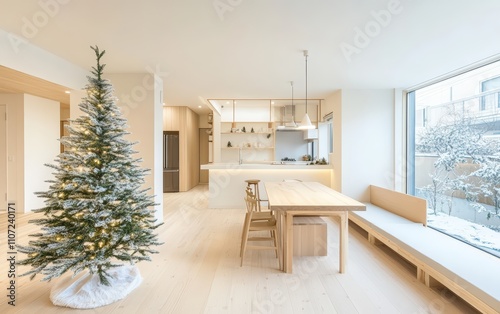 A minimalist open living space with a simple Christmas tree decorated in soft pastel tones The room is bright and modern, featuring clean lines and festive charm