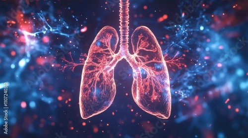 An abstract illustration of the human respiratory system with lungs and bronchi highlighted in vivid colors against a white background, macro shot, Minimalist style