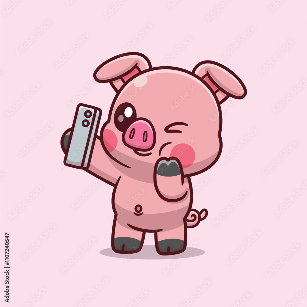 Fototapeta premium Cute Pig Taking A Selfie Using A Smartphone Vector Icon Illustration. Animal Technology Icon Concept Isolated Premium Vector. Animals Cartoon Style