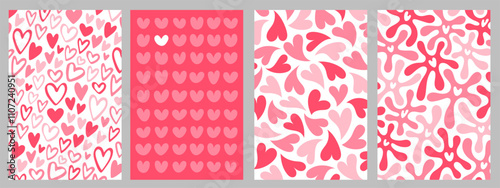 Valentine's day hearts vector backgrounds set. Greeting card tricolor templates collection. Various patterns - fluid, liquid, rounded, doodle hand drawn heart shapes, trendy blobs, blots, blotches.