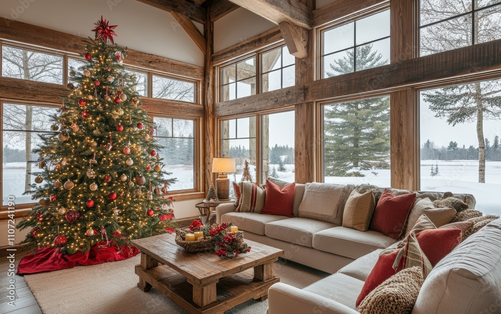Obraz premium A cozy living room with a contemporary touch The Christmas tree is placed by the window, featuring natural and wooden decorations that blend with the earthy tones of the decor