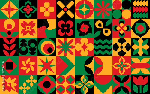 Black History Month, Juneteenth background seamless pattern with flowers and geometric shapes in red, yellow, green, black colors of African flag. June 19 banner Celebrate Freedom or Emancipation day.