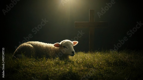 Lamb of God with a Cross: A peaceful lamb lying down in front of a wooden cross on a grassy field. A soft light from above illuminates the lamb, and a subtle glow surrounds the cross