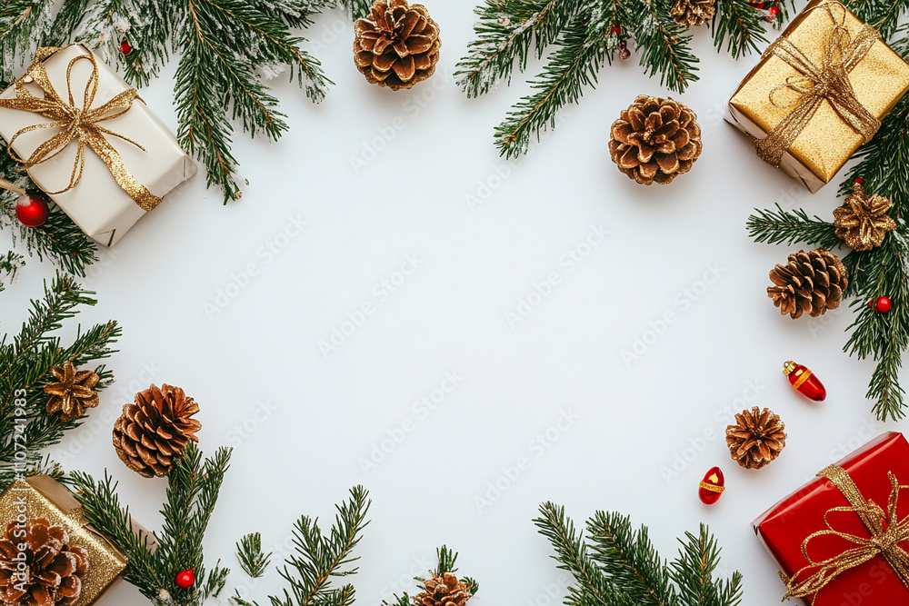 Holiday decorations featuring presents, pinecones, and greenery arranged creatively on a white surface Holiday decorations featuring presents, pinecones, and greenery arranged creatively on a white surface
