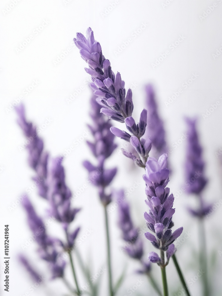 Obraz premium Delicate Lavender Stems Against a Soft White Background, Showcasing the Beauty and Elegance of Nature's Purple Blooms in Artistic Composition